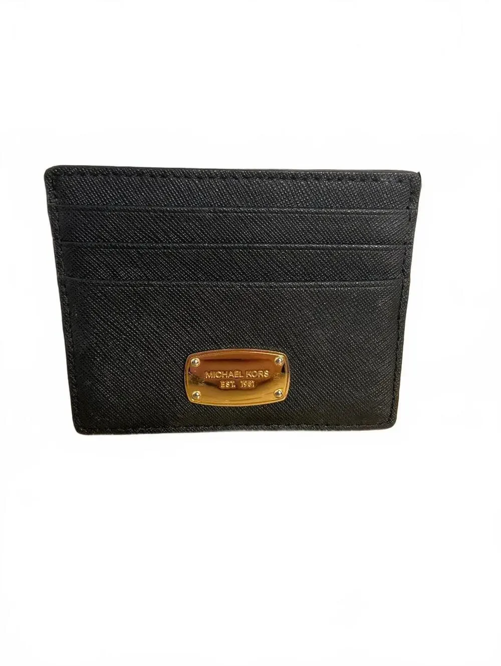 Michael Kors Black Leather Card Holder with Gold Tone Plaque